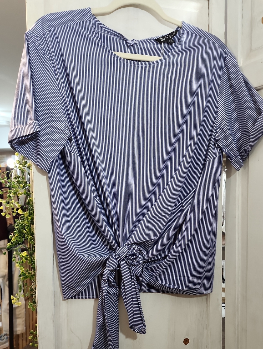 Velvet Heart Blue & White Pinstripe Tie-Front Short Sleeve Top